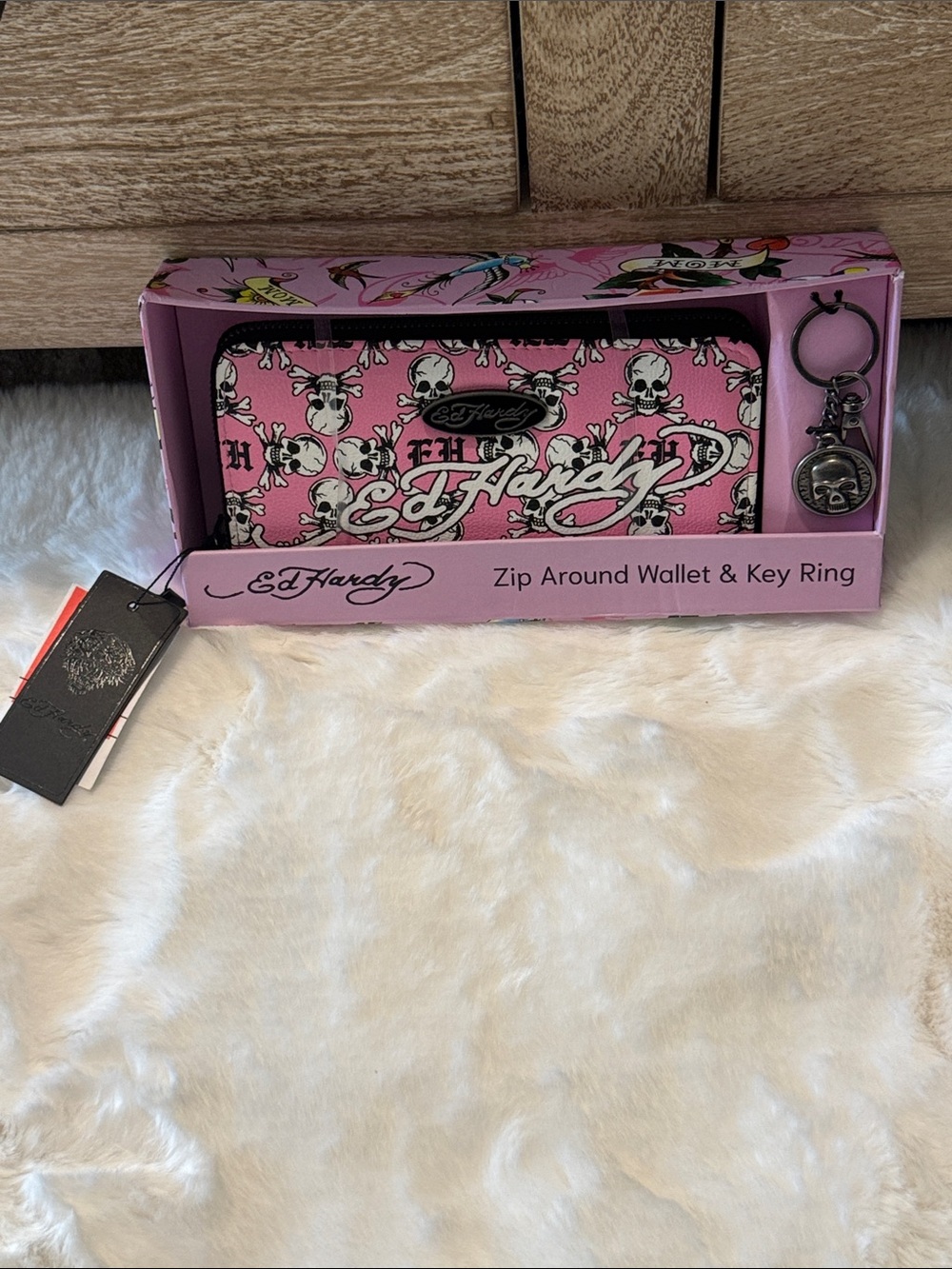 Ed Hardy Pink Skull Zip-Around Wallet & Key Ring Set